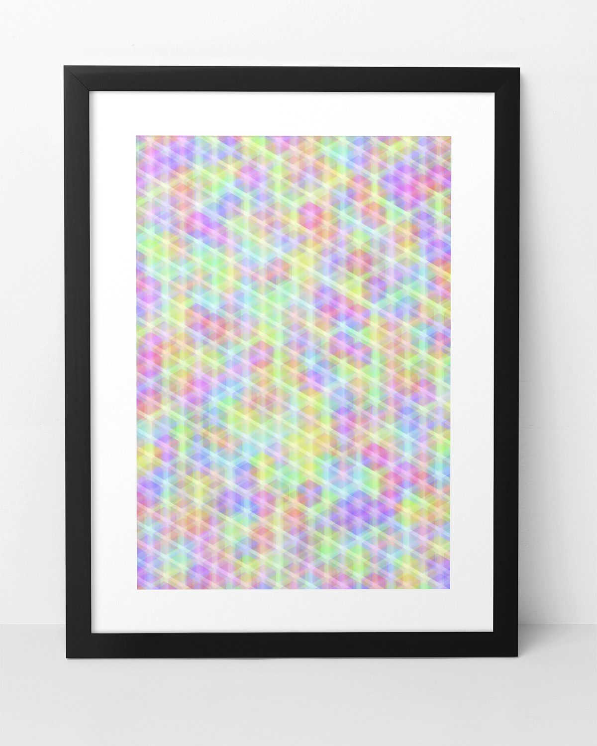 Framed abstract wall art comprised of hundreds of different coloured isometric cubes. Hung between a blue and a pink wall panel above an orange sofa.
