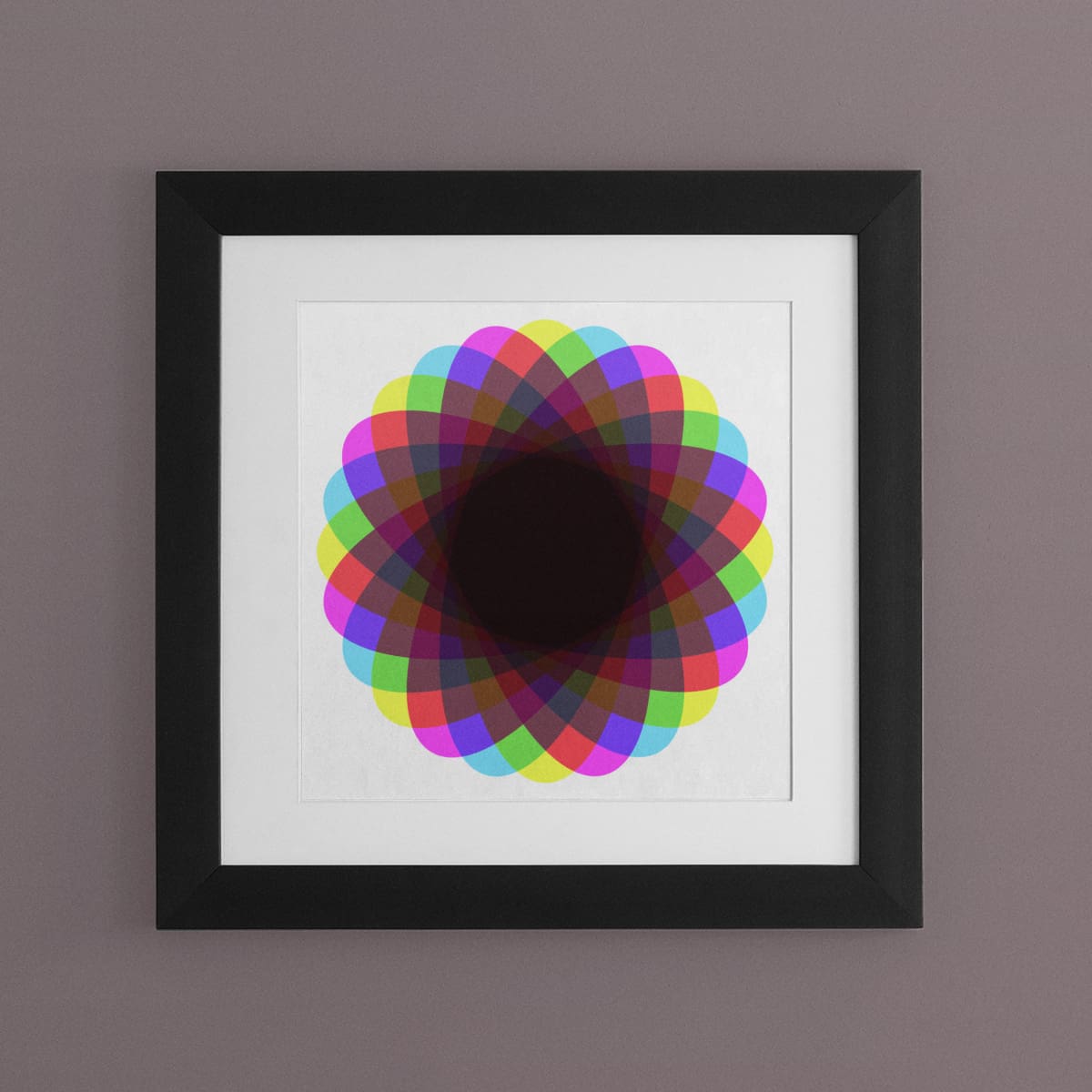 Abstract wall art, printed on art board, of cyan, magenta and yellow shapes combining to form a black star surrounded by vivid colours.