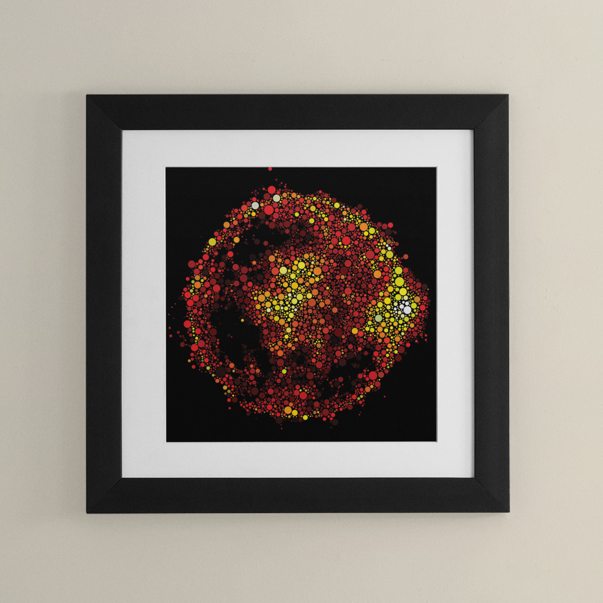 Framed artwork depicting the sun using the circle packing technique